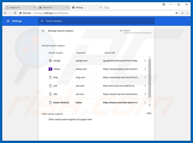 Removing keytar.com from Google Chrome default search engine