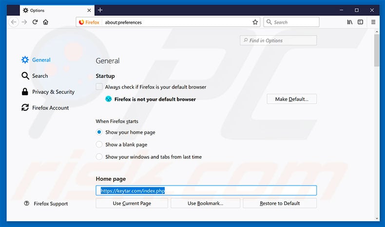 Removing keytar.com from Mozilla Firefox homepage