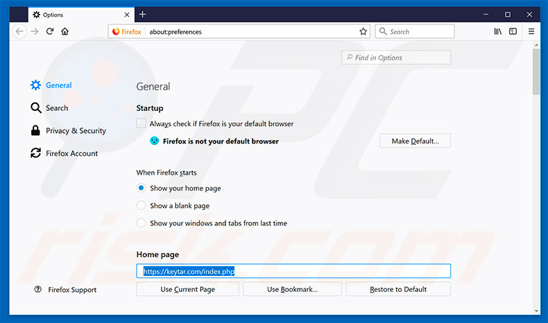 Removing keytar.com from Mozilla Firefox homepage