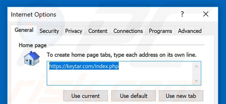 Removing keytar.com from Internet Explorer homepage