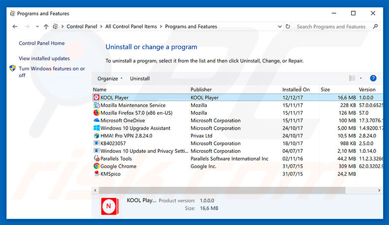 KOOL Player adware uninstall via Control Panel