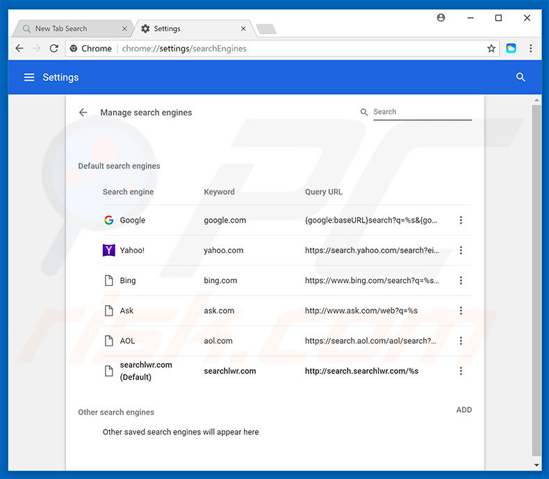 Removing search.searchlwr.com from Google Chrome default search engine