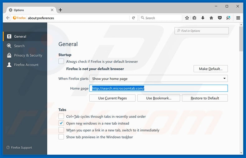 Removing search.microcosmtab.com from Mozilla Firefox homepage
