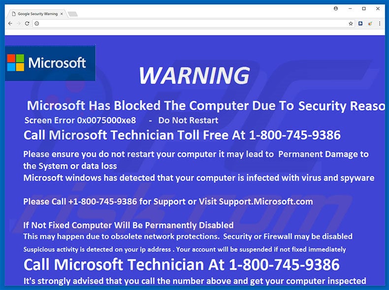 Website displaying Microsoft Has Blocked The Computer scam