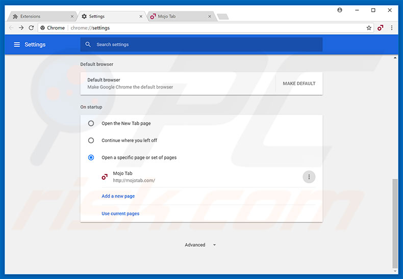 Removing mojotab.com from Google Chrome homepage
