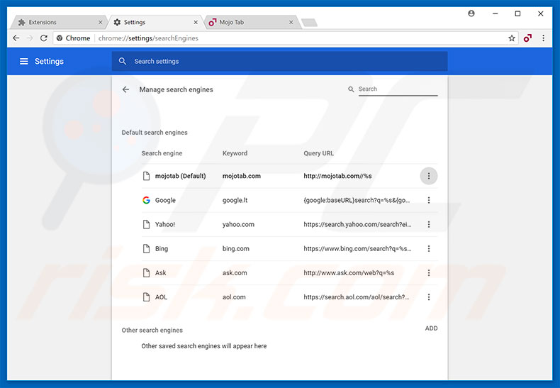 Removing mojotab.com from Google Chrome default search engine