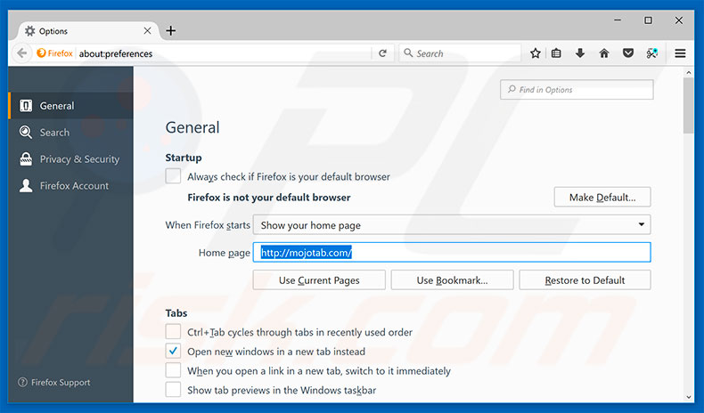 Removing mojotab.com from Mozilla Firefox homepage