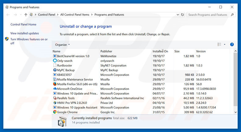 mojotab.com browser hijacker uninstall via Control Panel