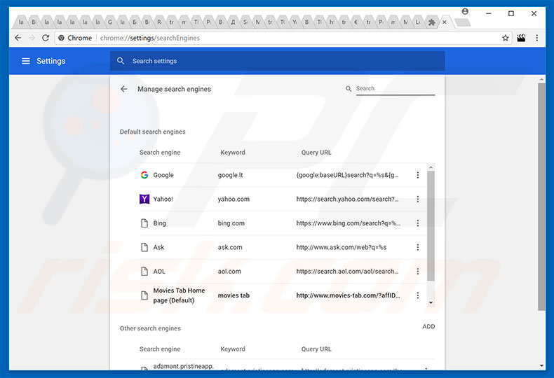 Removing search.movies-tab.com from Google Chrome default search engine