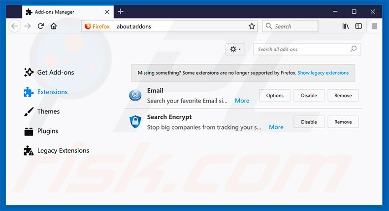 Removing search.hmyemailsignin.com related Mozilla Firefox extensions