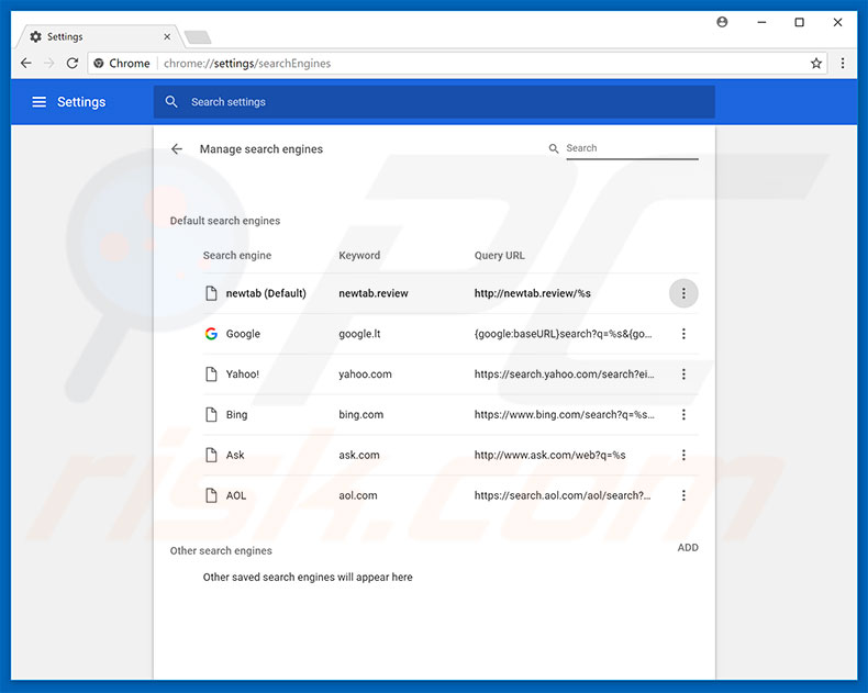 Removing newtab.review from Google Chrome default search engine