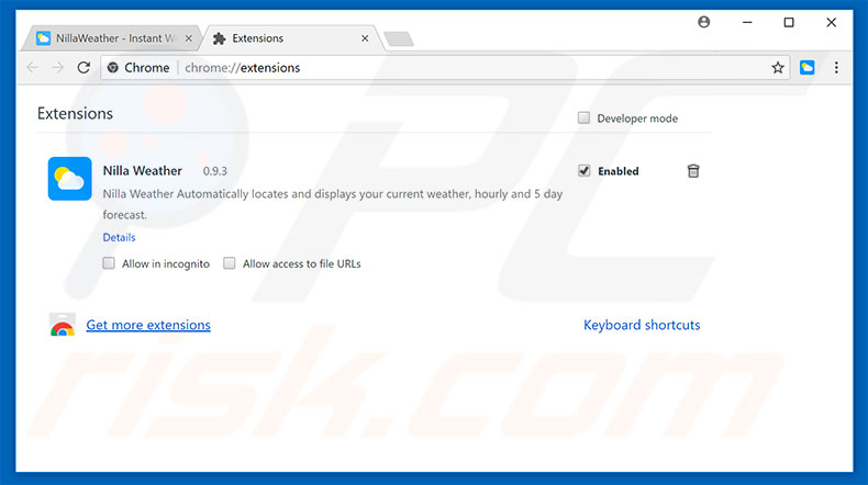 Removing Nilla Weather ads from Google Chrome step 2