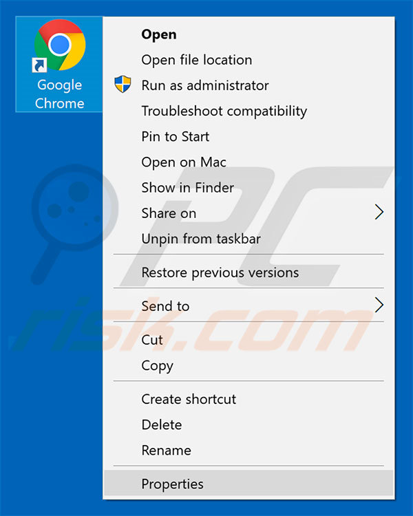 Removing nowsearch.info from Google Chrome shortcut target step 1