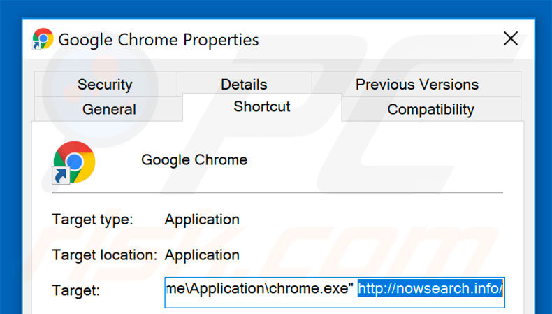 Removing nowsearch.info from Google Chrome shortcut target step 2