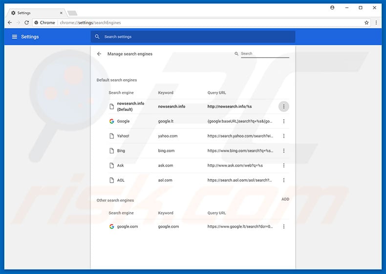 Removing nowsearch.info from Google Chrome default search engine