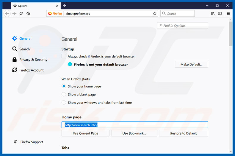 Removing nowsearch.info from Mozilla Firefox homepage
