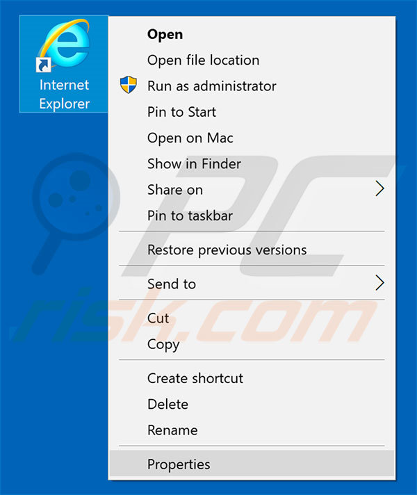Removing nowsearch.info from Internet Explorer shortcut target step 1