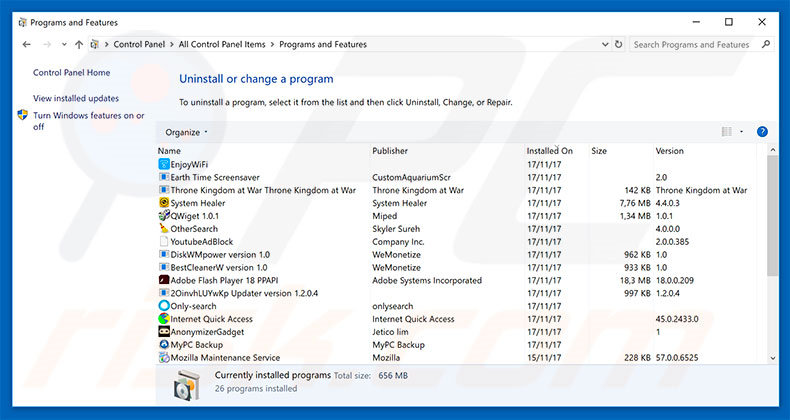 oclasrv.com adware uninstall via Control Panel