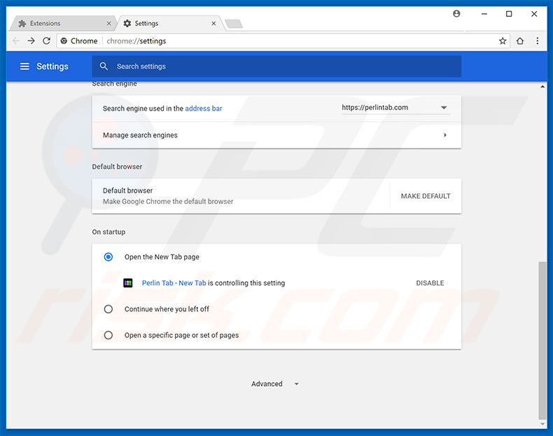 Removing perlintab.com from Google Chrome homepage
