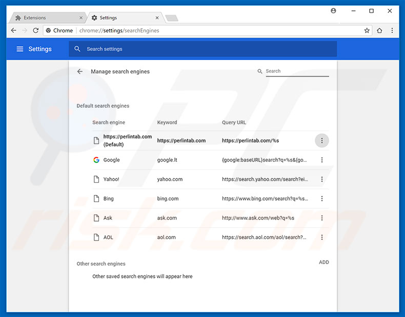 Removing perlintab.com from Google Chrome default search engine