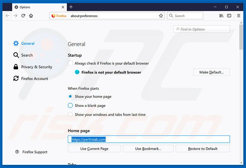 Removing perlintab.com from Mozilla Firefox homepage