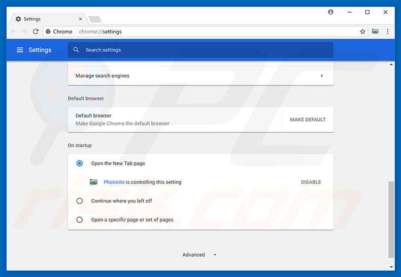 Removing photorito.me from Google Chrome homepage