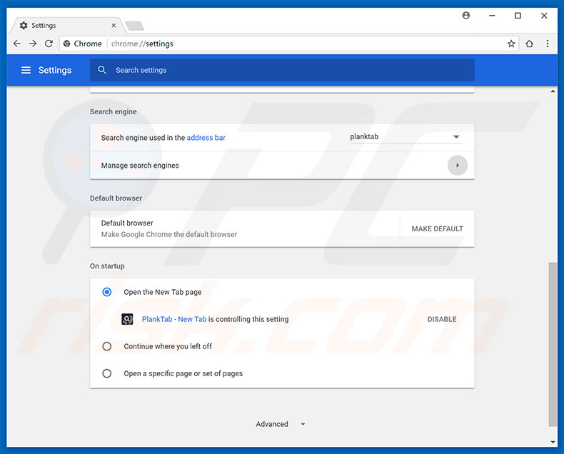 Removing planktab.com from Google Chrome homepage