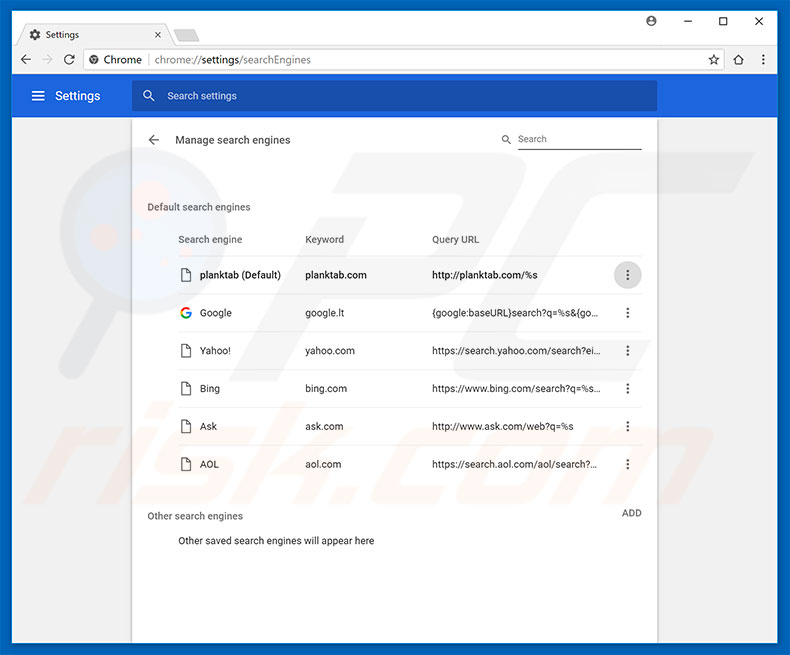 Removing planktab.com from Google Chrome default search engine