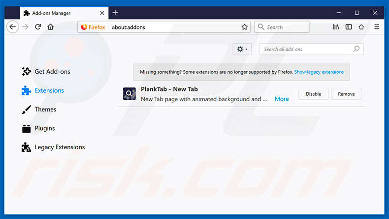 Removing planktab.com related Mozilla Firefox extensions