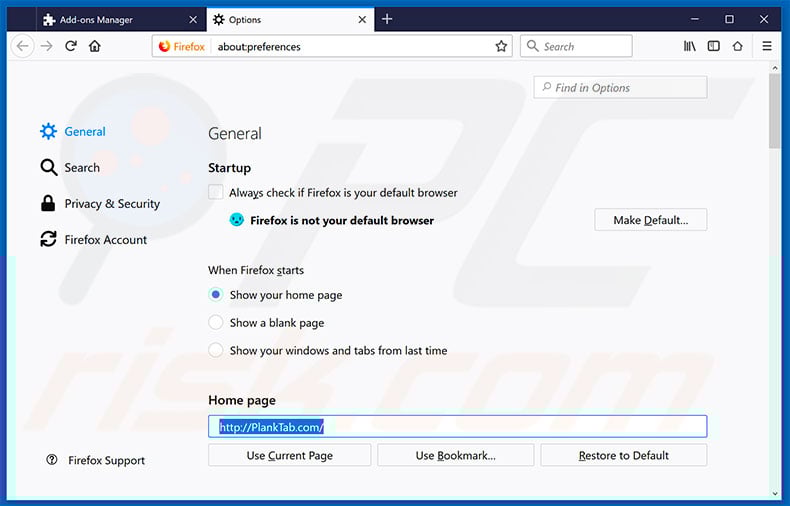 Removing planktab.com from Mozilla Firefox homepage