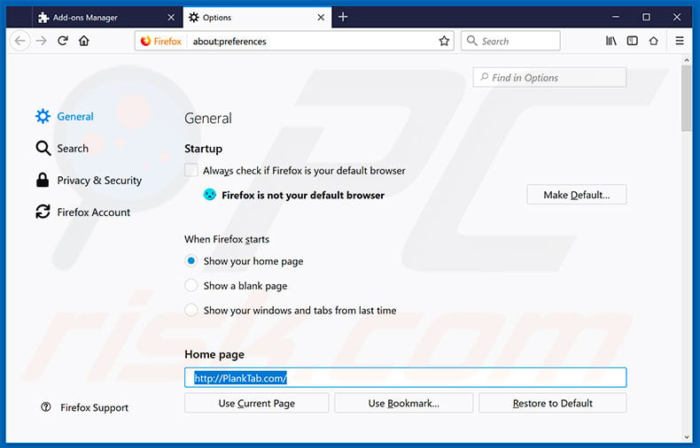 Removing planktab.com from Mozilla Firefox homepage