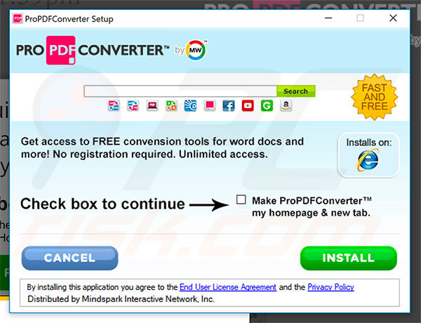 Official ProPDFConverter browser hijacker installation setup
