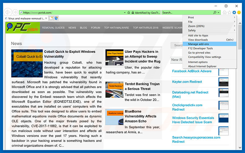 Removing pushedwebnews.com ads from Internet Explorer step 1