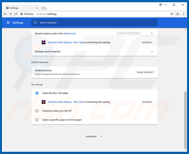 Removing search.randomwalktab.com from Google Chrome homepage