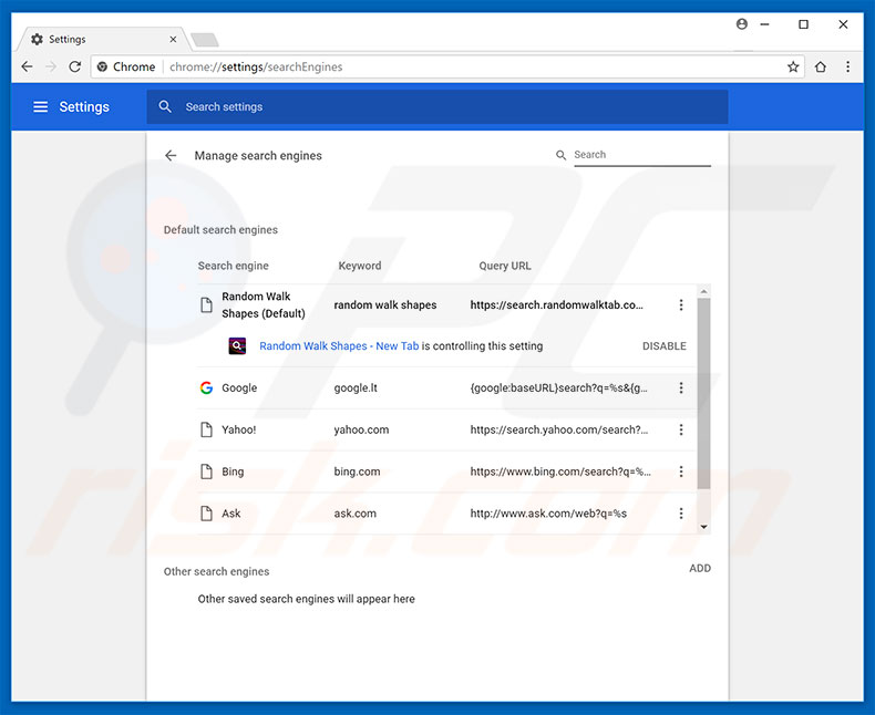 Removing search.randomwalktab.com from Google Chrome default search engine