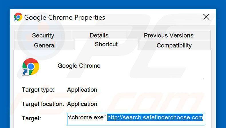 Removing search.safefinderchoose.com from Google Chrome shortcut target step 2