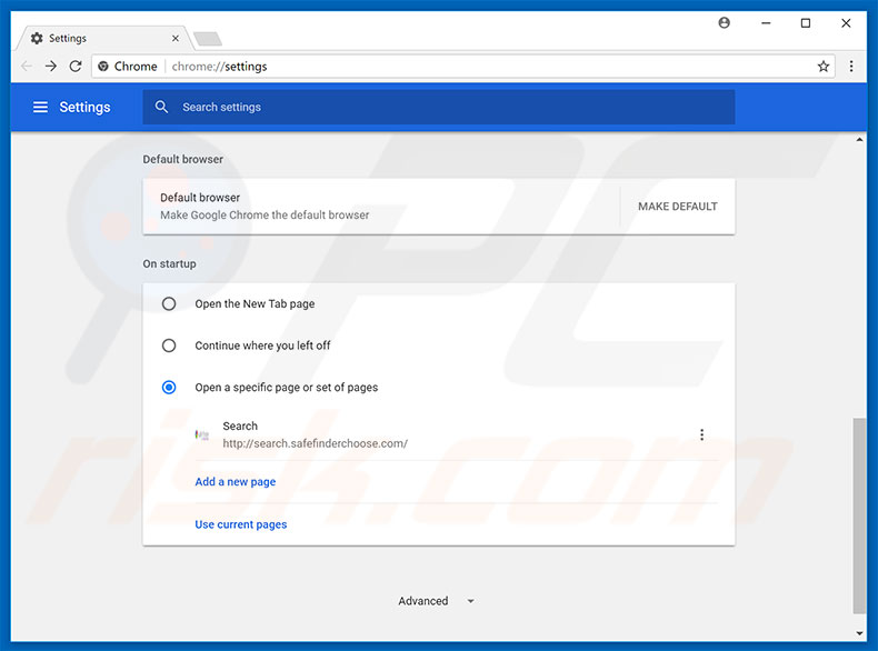 Removing search.safefinderchoose.com from Google Chrome homepage