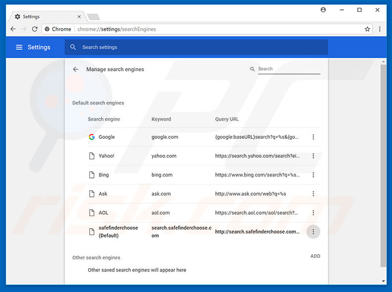 Removing search.safefinderchoose.com from Google Chrome default search engine