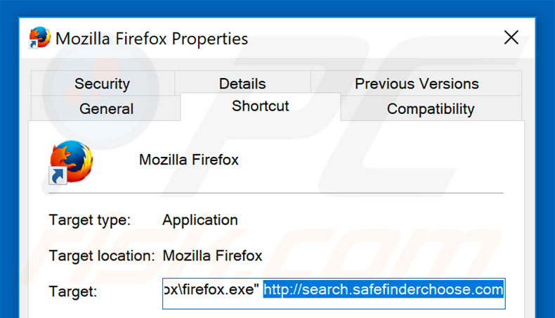 Removing search.safefinderchoose.com from Mozilla Firefox shortcut target step 2