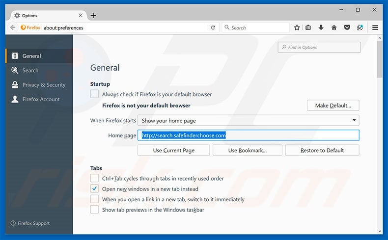 Removing search.safefinderchoose.com from Mozilla Firefox homepage