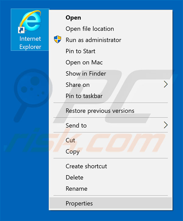 Removing search.safefinderchoose.com from Internet Explorer shortcut target step 1