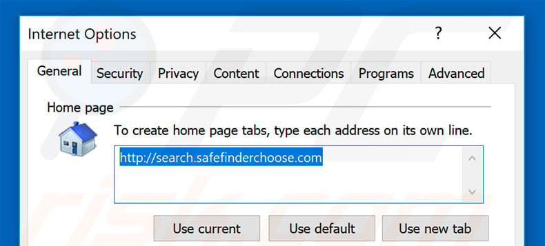 Removing search.safefinderchoose.com from Internet Explorer homepage