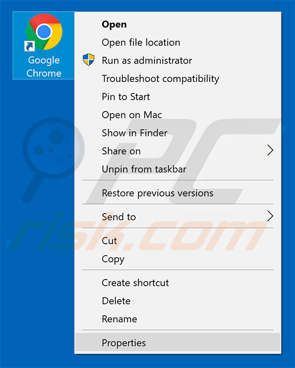 Removing search60.com from Google Chrome shortcut target step 1