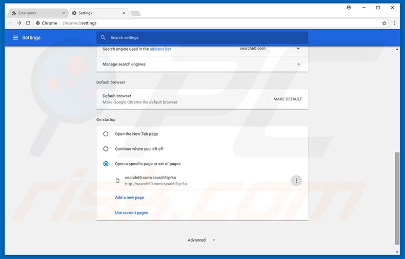Removing search60.com from Google Chrome homepage