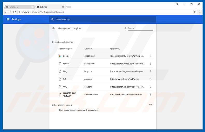 Removing search60.com from Google Chrome default search engine