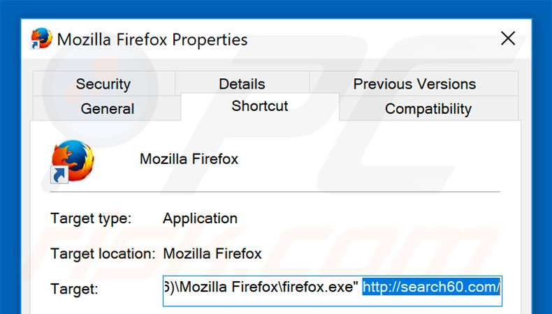 Removing search60.com from Mozilla Firefox shortcut target step 2