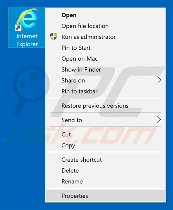 Removing search60.com from Internet Explorer shortcut target step 1