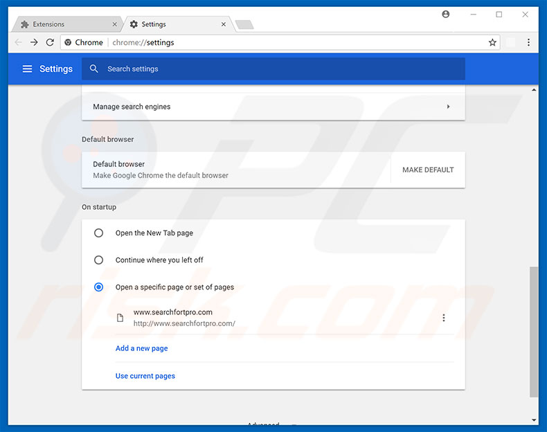 Removing searchfortpro.com from Google Chrome homepage