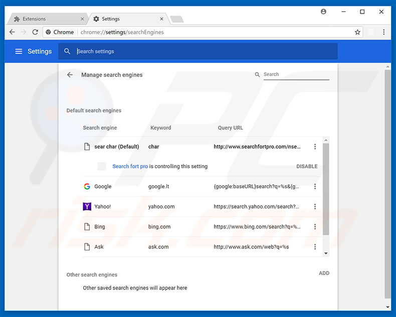 Removing searchfortpro.com from Google Chrome default search engine