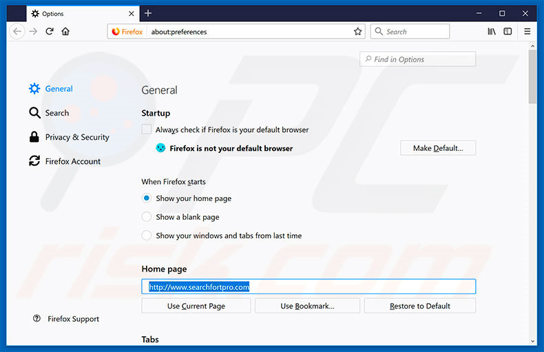 Removing searchfortpro.com from Mozilla Firefox homepage